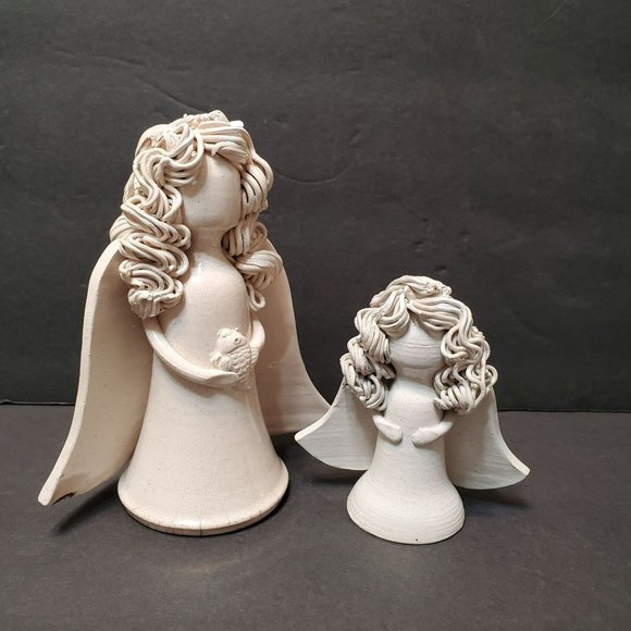 Handmade Pottery Angels with Spaghetti Hair, artist signed White Angel Figurines - Picture 1 of 14